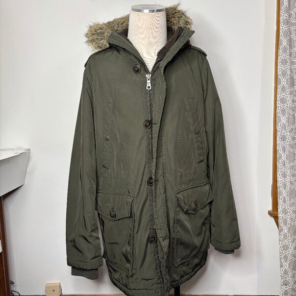 Tommy Hilfiger Men's Performance Parka Jacket Olive Green Medium Faux Fur Trim - Picture 1 of 13